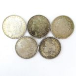 Lot of Five (5) 1881-1921 U.S. Morgan Silver Dollars. Mint marks on 4 coins. Needs cleaning,