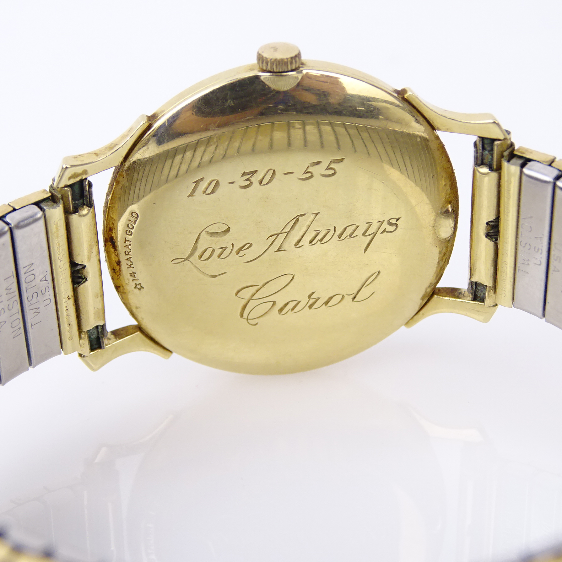 Man's Circa 1950s Longines Wittnauer 14 Karat Yellow Gold Watch with Blue Enamel Dial, Manual - Image 5 of 6