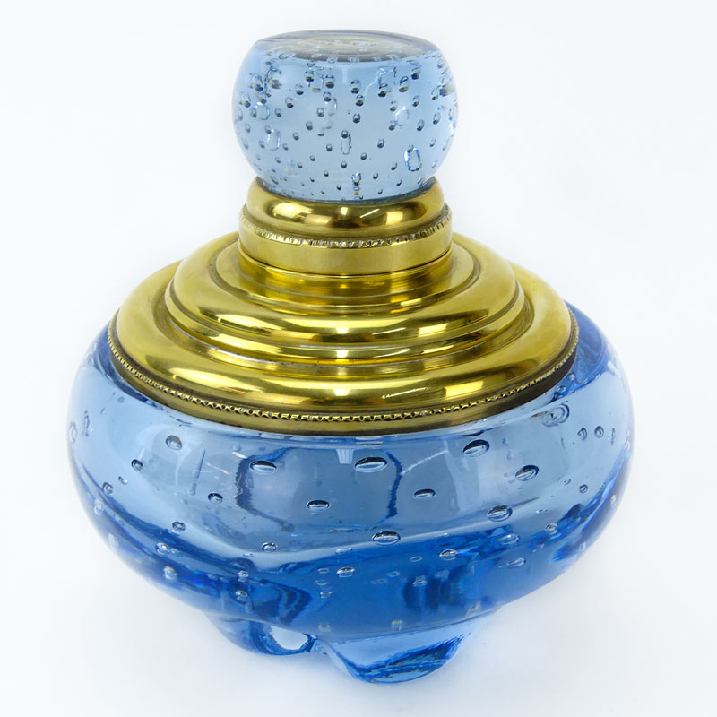 Vintage Pairpoint Style Art Glass Brass Top Inkwell/Paperweight. Light cobalt blue shade with