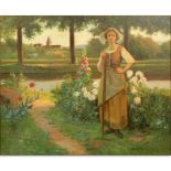 Jean Beauduin, Belgian (1851-1916) Oil on canvas "Maiden In Garden". Signed lower right. Good