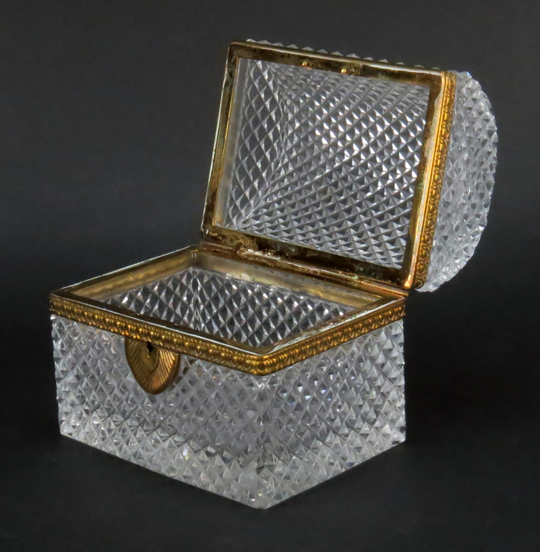 Antique Baccarat Style Crystal Casket Form Box. Bronze scroll work on hardware with faceted - Image 2 of 4