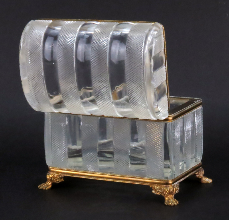 Antique French Victorian Bronze and Glass Casket Form Box. Bronze scroll work hardware with molded - Image 3 of 5