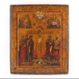 18th Century Russian Painted and Parcel Gilt Icon on Panel Depicting the Crucifixion of Christ.