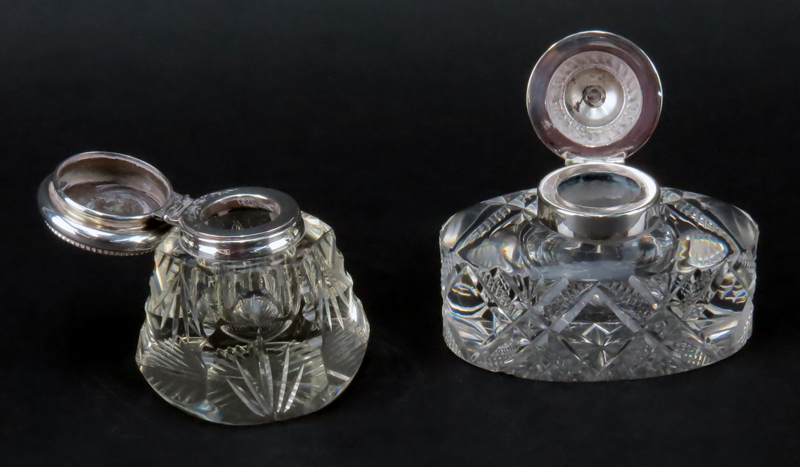 Grouping of Two (2) Victorian Style Cut Crystal Inkwells. Both are stamped to lid, one is - Image 2 of 4