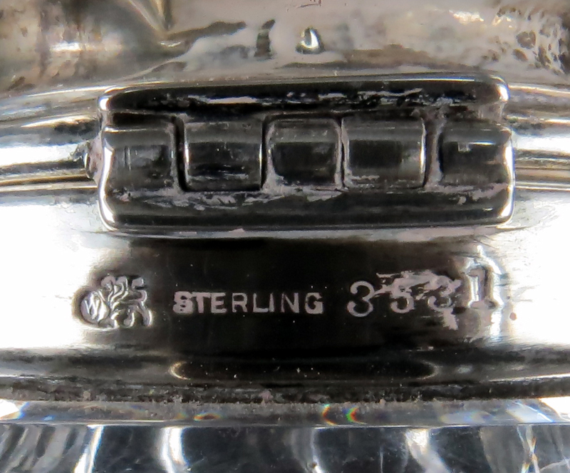 Antique Whiting Sterling and Crystal Inkwell. Stamped sterling and makers mark, marked 3531, - Image 4 of 6