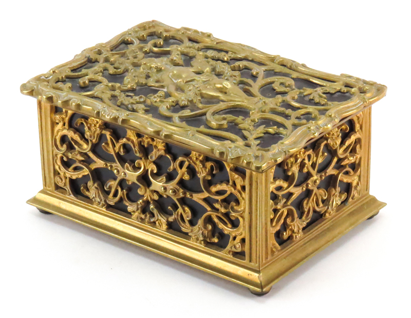 Antique Art Nouveau Gilt Bronze and Leather Box. Nymph relief to top with scroll and foliage