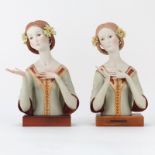 Two (2) Matching Cybis Polychrome Third Quarter Porcelain Bust Figurines Mounted on Wooden Bases.