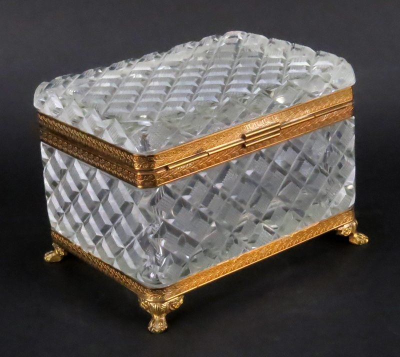 Antique Baccarat Style Victorian Bronze and Cut Glass Box. Scroll work on hardware, molded glass, - Image 3 of 5