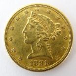 1881 US Liberty Head $5 Gold Coin. Please note this coin is not graded. Approx. weight: 8.3 grams.