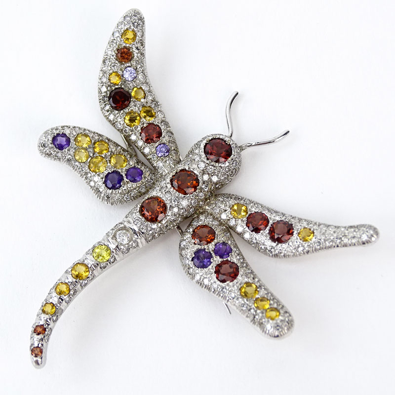 Diamond, Yellow Sapphire, Amethyst, Garnet and 18 Karat White Gold Dragon Fly Brooch. Unsigned. Good