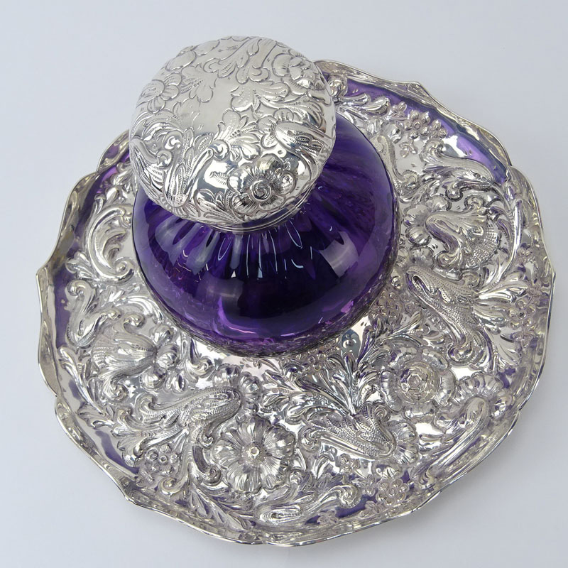 19th Century English Silver and Glass Inkwell and Tray. The set features an amethyst round glass - Image 2 of 8