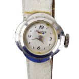 Lady's Vintage 14 Karat White Gold Manual Movement Watch with Leather Strap. Stamped 14K to case.