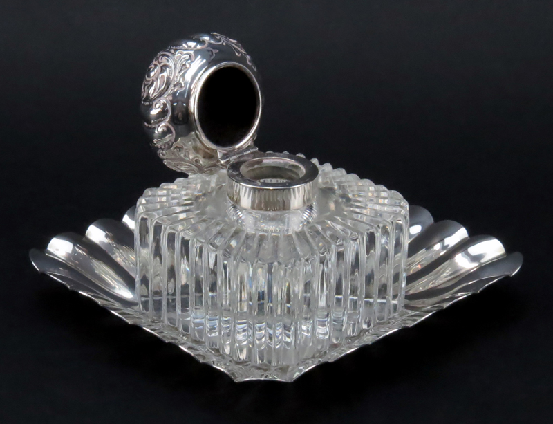 20th Century Sterling and Glass Inkwell and Tray. This set boasts a sterling tray with a glass - Image 2 of 6