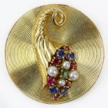 Circa 1950s 14 Karat Yellow Gold Circular Pendant/Brooch with Sapphire, Emerald, Ruby and Pearl