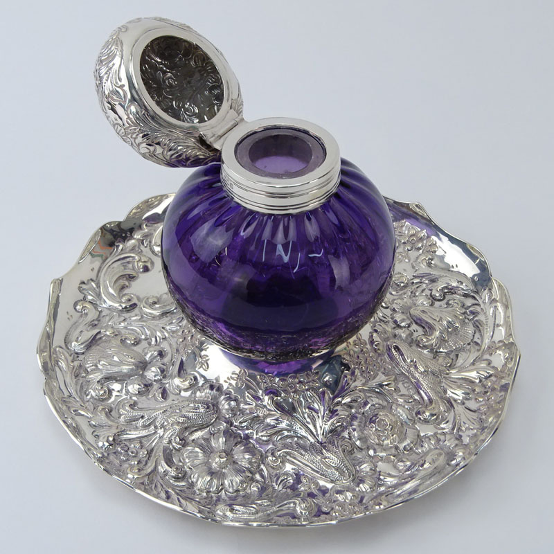 19th Century English Silver and Glass Inkwell and Tray. The set features an amethyst round glass - Image 3 of 8