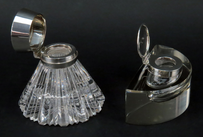 Grouping of Two (2) Modern English Sterling Silver and Crystal Inkwells. Stamped with makers mark - Image 2 of 5