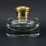 Oversize Antique English Cross Glass and Brass Inkwell. The brass lid with inset calendar feature in