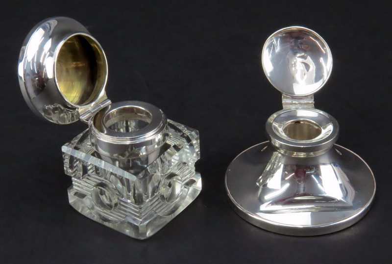 Collection of Three (3) Glass and Silver Inkwells and a Silver Plate "Quill" Pen. Includes a - Image 2 of 5