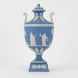 Wedgwood Jasperware Blue and White Covered Urn. Neoclassical scene relief, decorative mock