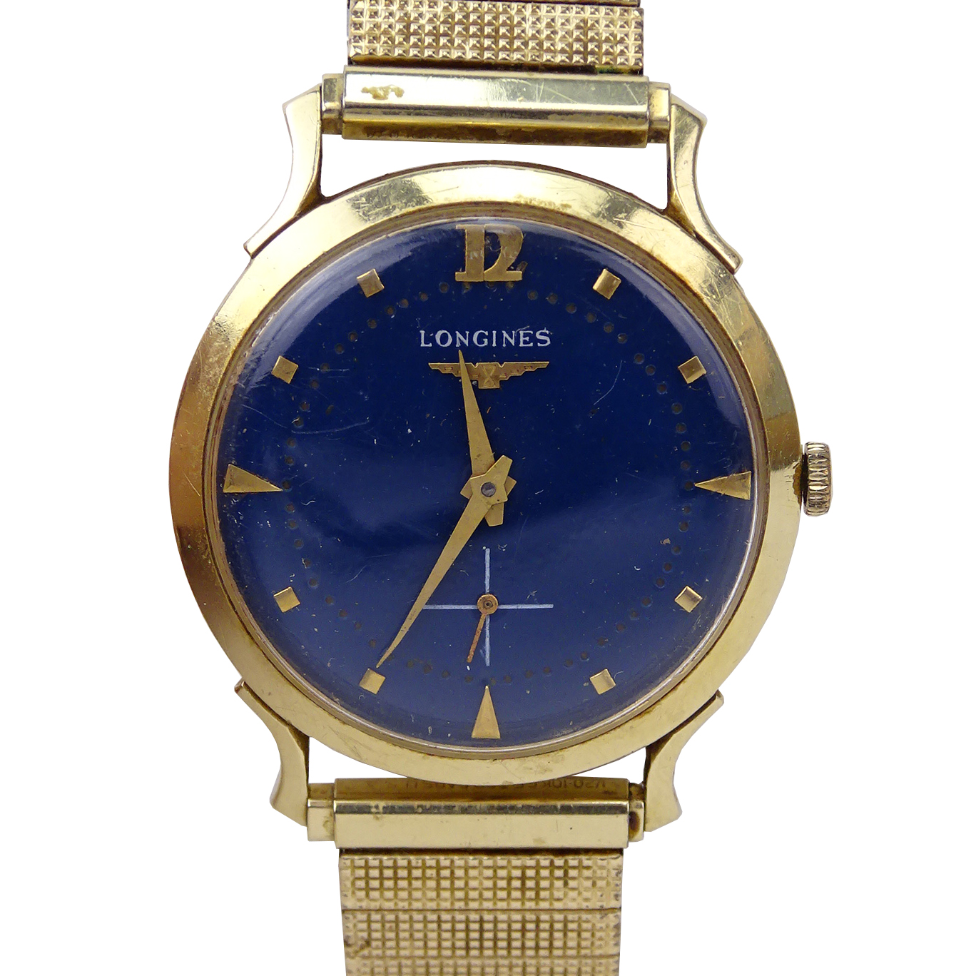 Man's Circa 1950s Longines Wittnauer 14 Karat Yellow Gold Watch with Blue Enamel Dial, Manual