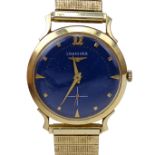 Man's Circa 1950s Longines Wittnauer 14 Karat Yellow Gold Watch with Blue Enamel Dial, Manual