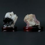 Two (2) Agate Mineral Specimens on Wooden Stands. Both are unpolished with various shades. Natural