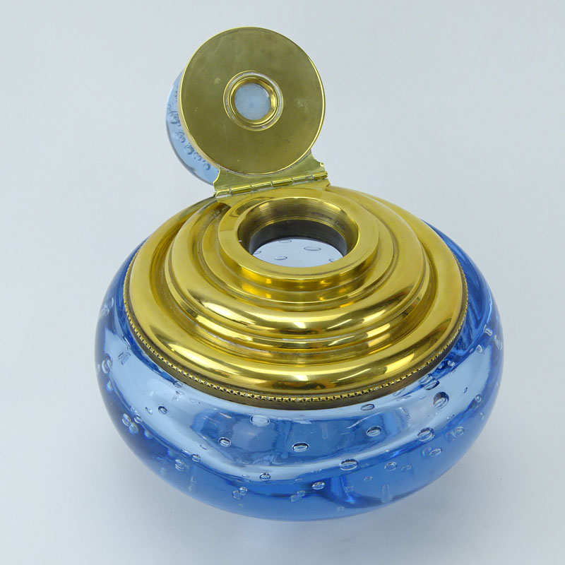 Vintage Pairpoint Style Art Glass Brass Top Inkwell/Paperweight. Light cobalt blue shade with - Image 2 of 5