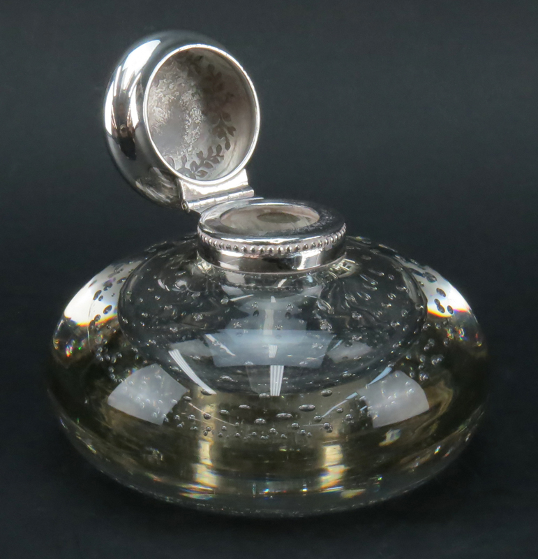 Vintage Glass and Silver Plate Inkwell. The bottle with controlled bubbles, the hinged lid of silver - Image 2 of 4