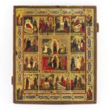 19th Century Russian Painted and Parcel Gilt Icon on Cradled Panel. Rubbing and minor surface