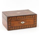 Antique Carved Wood and Mother of Pearl Jewelry Box. Walnut burl finish with mother of pearl