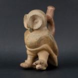 Pre Columbian or Later Moche Inca Polychrome Owl Pottery Stirrup Vessels. Depicts an owl figure