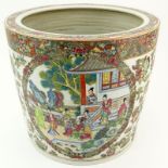 Later 20th Century Chinese Hand painted Porcelain Jardinière. Busy court scene motif. Signed. Good