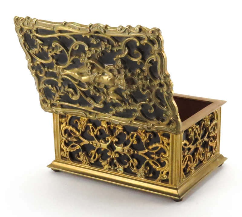 Antique Art Nouveau Gilt Bronze and Leather Box. Nymph relief to top with scroll and foliage - Image 3 of 5