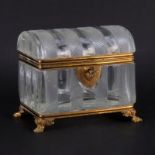 Antique French Victorian Bronze and Glass Casket Form Box. Bronze scroll work hardware with molded