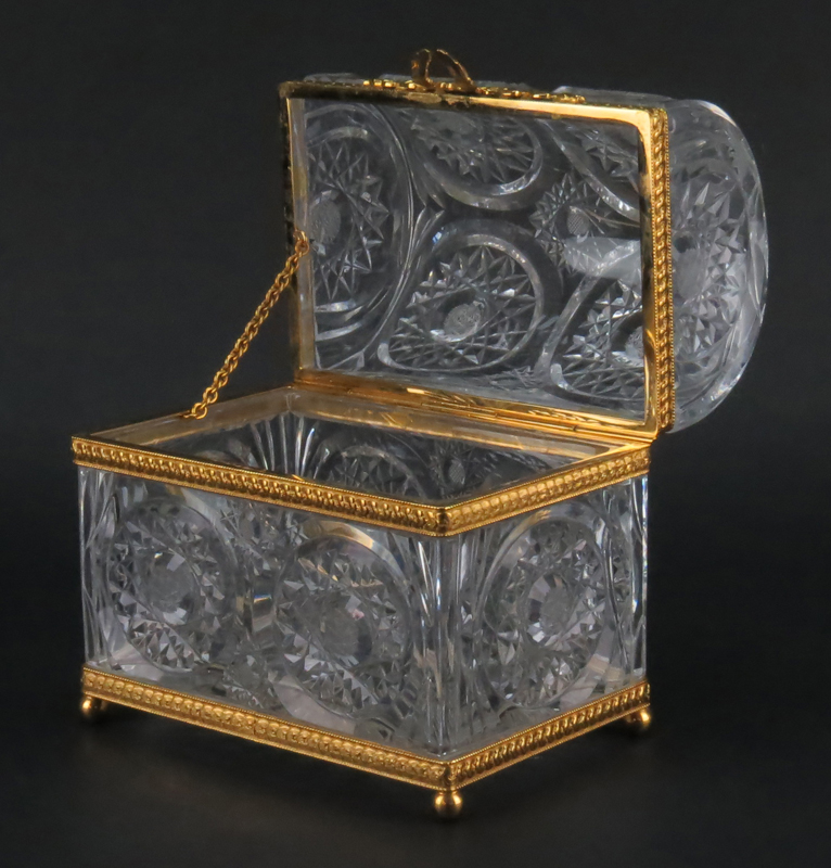 Modern Baccarat Style Crystal and Gilt Bronze Casket Form Box. Scroll work on bronze with foliage - Image 2 of 5