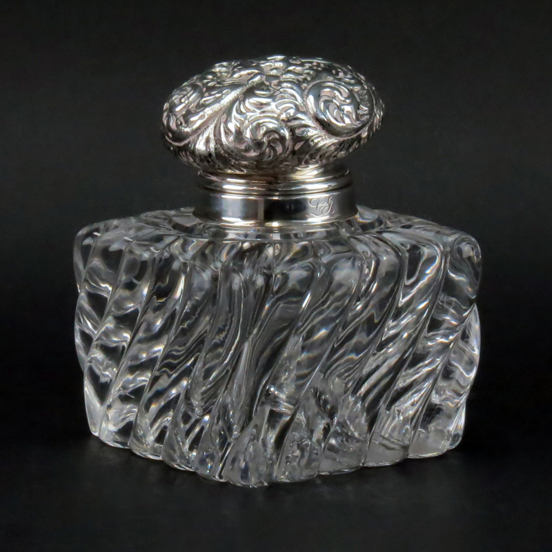 Antique Whiting Sterling and Crystal Inkwell. Stamped sterling and makers mark, marked 3531,