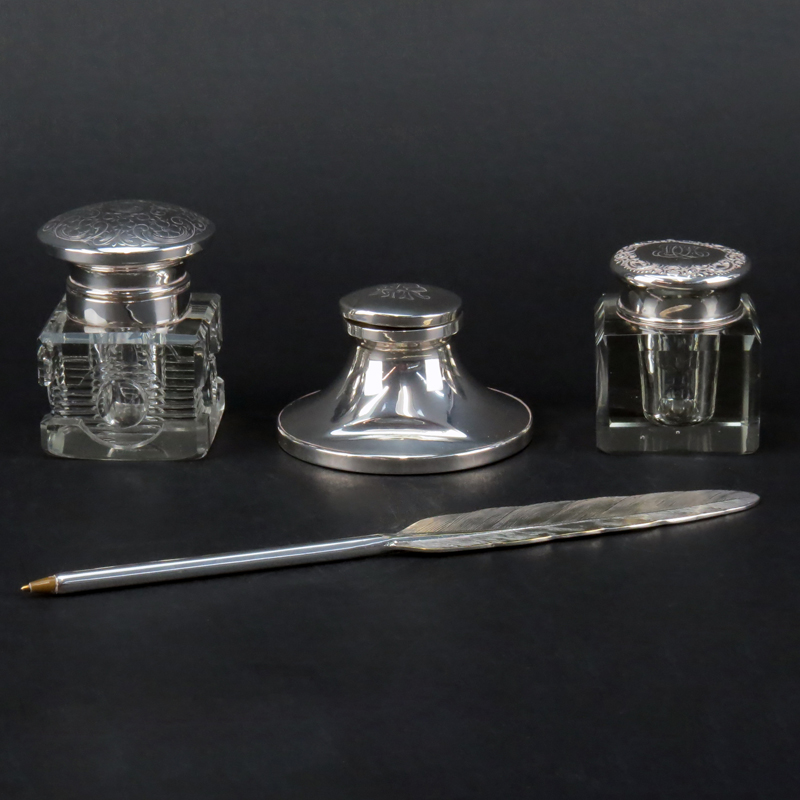 Collection of Three (3) Glass and Silver Inkwells and a Silver Plate "Quill" Pen. Includes a