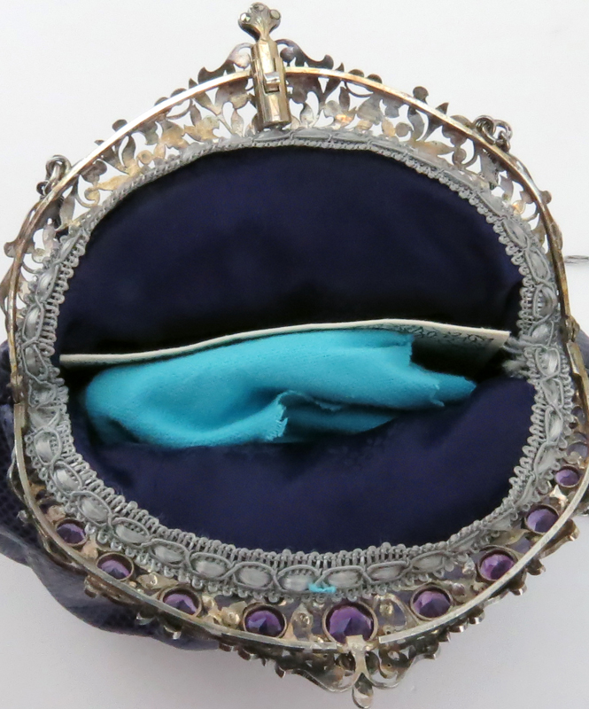 19th C Sterling Silver and Amethyst Framed Handbag. Modern lizard leather bag. Frame set with - Image 4 of 4