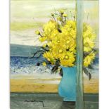 Michel-Henry, French (1928) Oil on canvas "Yellow Flowers On Terrace" Signed lower left. Good