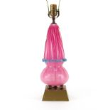 Mid Century Murano Rose and Sky Blue Art Glass Table Lamp. Rose color ribbed bulbous form body