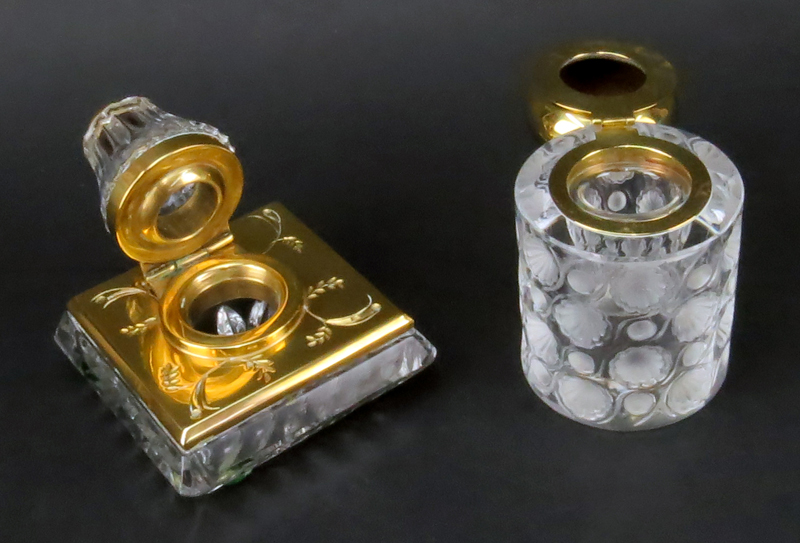 Grouping of Two (2) Vintage Inkwells. Includes: Lalique France "Tokyo" holder mounted as inkwell, - Image 2 of 4