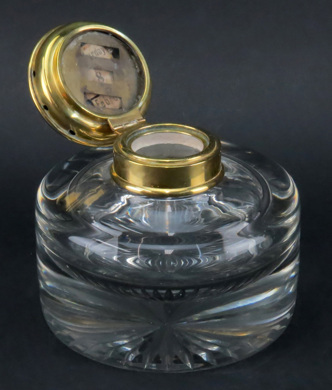 Oversize Antique English Cross Glass and Brass Inkwell. The brass lid with inset calendar feature in - Image 2 of 3