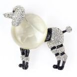 Vintage Costume Poodle Brooch, white metal, rhinestones, enamel and acrylic. Unsigned. Surface