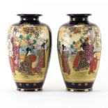 Pair of Antique Japanese Satsuma Cobalt Blue Hand Painted Portrait Vases. Signed, Meiji period. Some