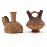 Two (2) Pre Columbian or Later Polychrome Pottery Vessels. Includes: Nezca double spouted vessel