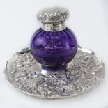 19th Century English Silver and Glass Inkwell and Tray. The set features an amethyst round glass