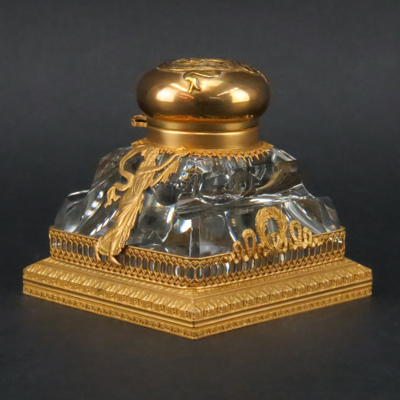 19th Century French Empire Ormolu Bronze And Possibly Baccarat Crystal Inkwell. Unsigned. Good