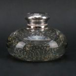Vintage Glass and Silver Plate Inkwell. The bottle with controlled bubbles, the hinged lid of silver