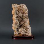 Quartz Mineral Specimen with Gold Flecks on Wooden Stand. Faceted gold flecks on quartz group.