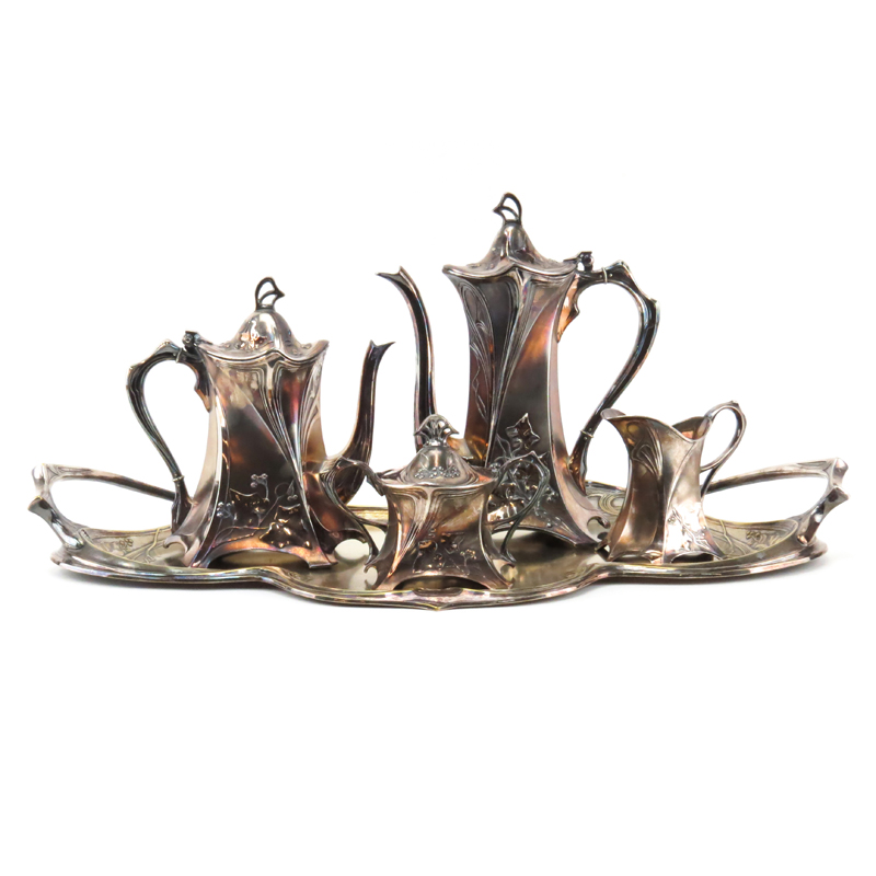 Antique Five (5) Pc Württembergische Metallwarenfabrik (WMF) Art Nouveau Silver Plate Tea Set.